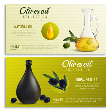 Realistic oil from olives in jug and bottle horizontal banners on textured background isolated vector illustrationのイラスト素材