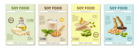 Set of vertical advertising posters with soy food products on colorful isolatedのイラスト素材
