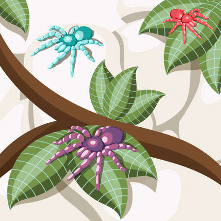 Exotic insect isometric background with colorful spiders sitting on tropic tree leaves cartoon vector illustrationのイラスト素材