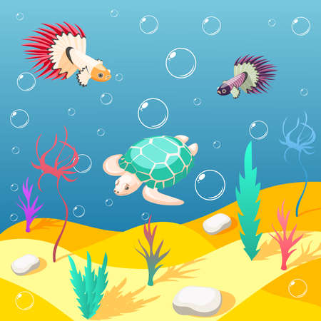 Inhabitants of underwater world isometric background with sand seabed exotic turtle and birds cartoon vector illustrationのイラスト素材