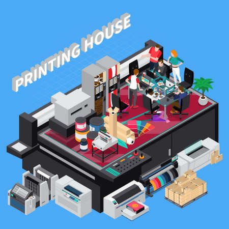 Digital print house with latest technology ers team providing solutions for customers projects isometric compositionのイラスト素材