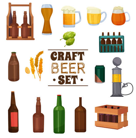 Craft beer set with plant ingredients for brewing, mugs with foam, various packaging isolated vector illustrationのイラスト素材