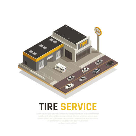 Tire production service isometric background composition with images of cars and tyre shop building vector illustrationのイラスト素材