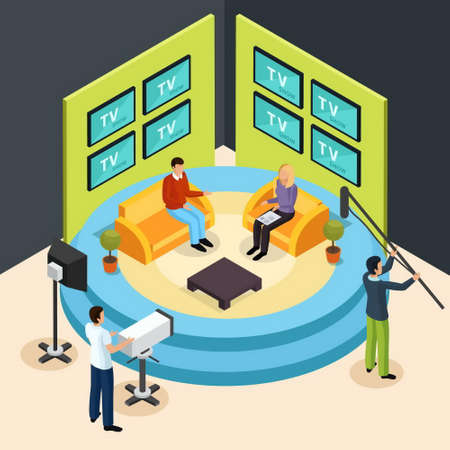 Isometric quiz tv show composition with view of talk show television studio with shooting crew members vector illustrationのイラスト素材