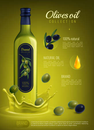 Realistic olive oil in glass bottle with label advertising composition on yellow green background vector illustrationのイラスト素材