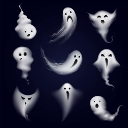 Scary and funny ghost emotions icons collection formed by realistic steamy vapor spooks dark background vector illustrationのイラスト素材