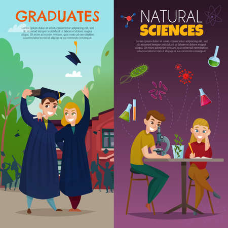 Set of vertical cartoon banners school students learning natural sciences and graduates isolated vector illustrationのイラスト素材