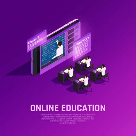 Online education glow isometric composition with conceptual futuristic classroom with students and teacher on screenのイラスト素材