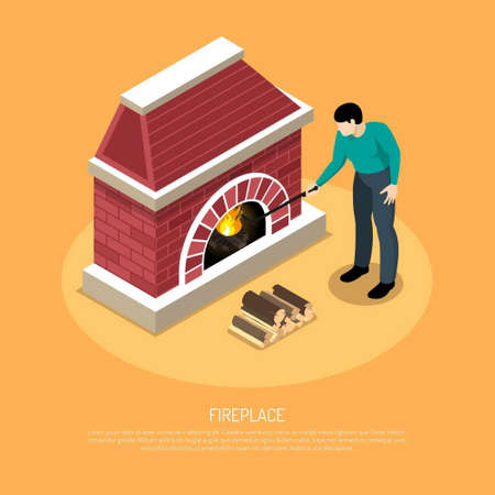 Man with poker near red white fire place from brick on orange background isometric vector illustrationのイラスト素材