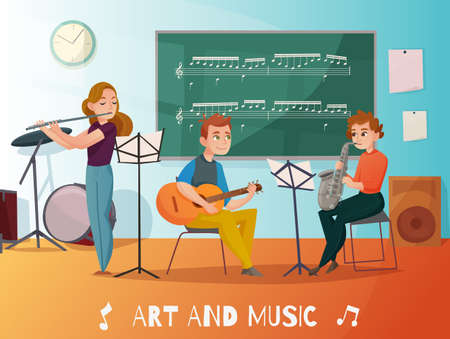 Music lesson in school, students playing saxophone, guitar and flute, chalk board  with notes cartoon vector illustrationのイラスト素材