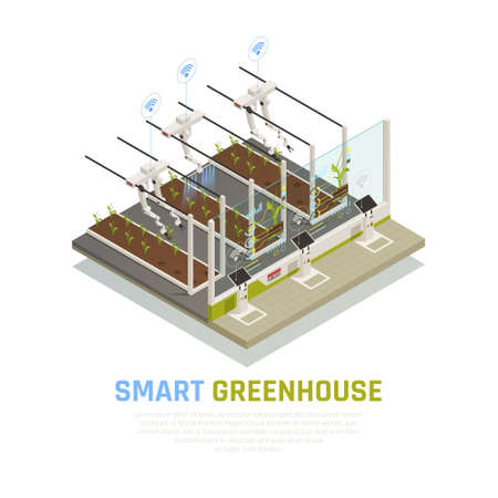 Agriculture automation smart farming composition with automatic equipment and drones controllable via wireless network with text vector illustrationのイラスト素材