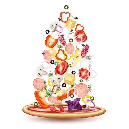 Pizza falling vegetables realistic composition with pizza crust and small pieces of topping on blank background vector illustrationのイラスト素材