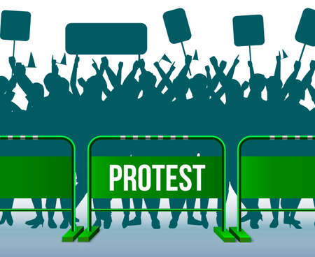 Green style temporary fencing barrier protesting crowd composition crowd of people standing behind barriers with signs vector illustrationのイラスト素材