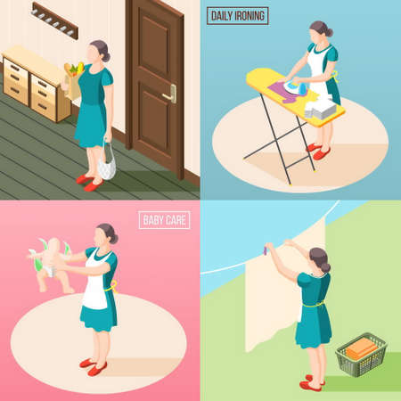 Tortured housewife 2x2 design concept set of routine daily duties so as baby care laundry ironing isometric vector illustrationのイラスト素材