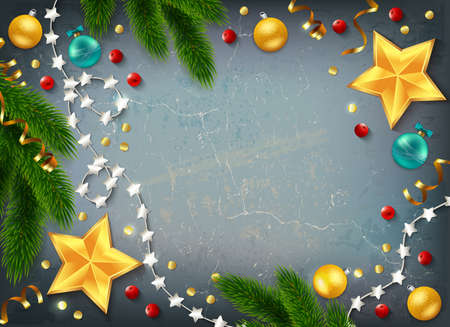 Christmas composition with fir needle stars and fairy lights with balls and empty space for text vector illustrationのイラスト素材