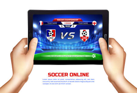 Hands holding mobile device with online broadcast of soccer championship on screen realistic vector illustrationのイラスト素材