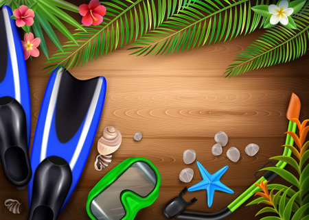 Diving accessories realistic background with snorkel mask flippers tropical plants marine creatures on wood plank vector illustrationのイラスト素材
