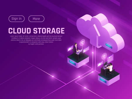 Cloud office glow isometric composition with editable text clickable buttons cloud pictogram and two modern workspacesのイラスト素材