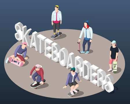 Skateboarding isometric background with teenagers on skateboards standing on perimeter of circle vector illustrationのイラスト素材