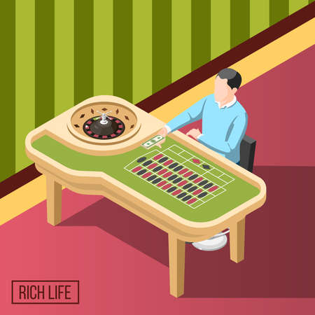 Rich life isometric background with man sitting at gaming table in casino vector illustrationのイラスト素材