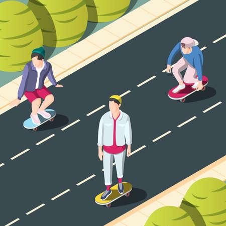 Skateboarding urban background with teenagers on skateboards riding in city streets isometric vector illustrationのイラスト素材