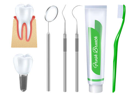 Realistic dental set of toothbrush toothpaste tube denture on implant base and medical tools for teeth treatment vector illustrationのイラスト素材