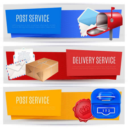 Realistic post mailbox letter banners set of three horizontal compositions with editable text images and pictograms vector illustrationのイラスト素材