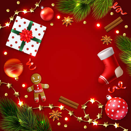 Christmas composition with empty space for text surrounded by new year accessories decorations lights and gifts vector illustrationのイラスト素材