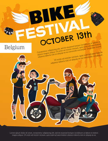 Bike festival poster with people from subcultures metalheads and motor riders on orange background cartoon vector illustrationのイラスト素材