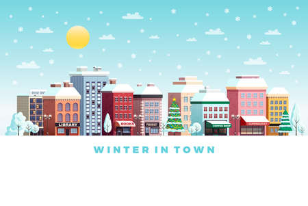 Sunny winter day traditional town street buildings snowy landscape with christmas tree flat poster lettering vector illustrationのイラスト素材