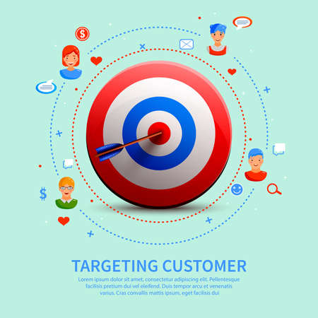 Targeting customer round composition with 3d aim, communications with clients icons on pale green background vector illustrationのイラスト素材