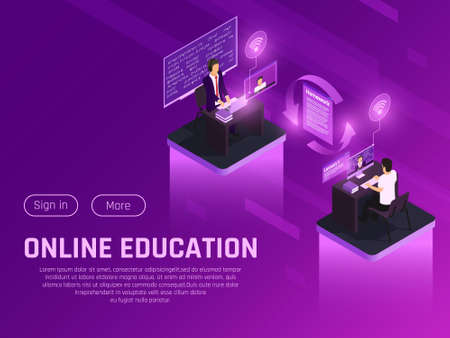 Online education glow isometric composition with clickable buttons editable text and futuristic neon pictograms human characters vector illustrationのイラスト素材