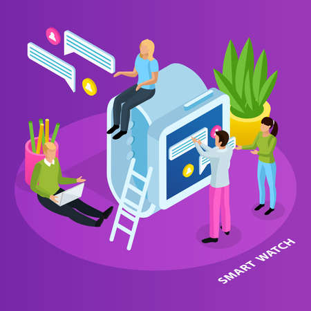 People and interfaces isometric composition with conceptual icons of smart watch message cloud pictograms with text vector illustrationのイラスト素材