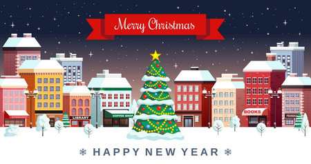 Christmas night festive snowy city center with decorated fir tree happy new year greeting card vector illustrationのイラスト素材