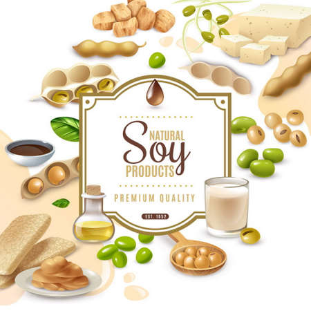 Decorative frame with soy food products on white beige background vector illustrationのイラスト素材