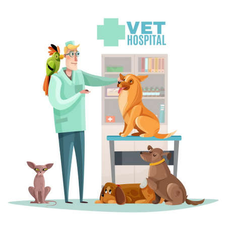 Vet hospital composition with veterinarian and pets interior elements flatのイラスト素材
