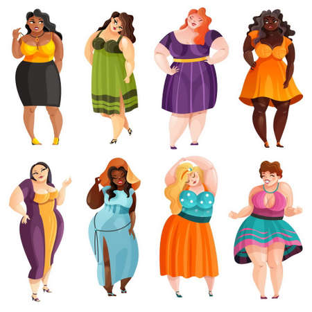 Set of plump pretty women in different elegant dresses isolatedのイラスト素材