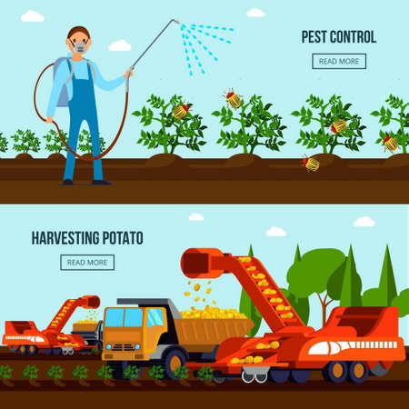 Potato cultivation flat compositions with pest control and agricultural vehicles during harvesting isolated vector illustrationのイラスト素材