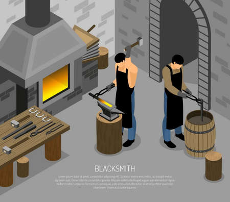 Blacksmith masters with professional instruments during work in forge isometricのイラスト素材