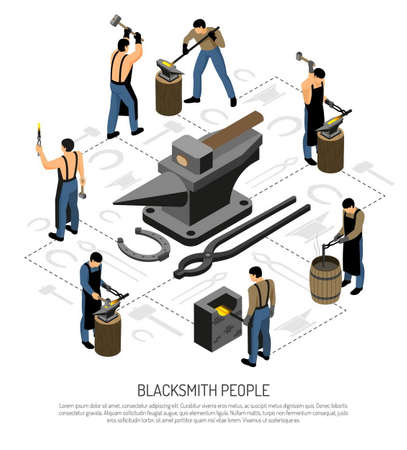 Blacksmith in apron with professional tools and equipment during work set of isometric iconsのイラスト素材