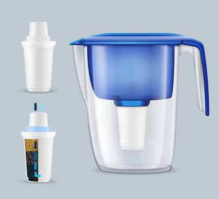 House tap water filter pitcher with 2 removing toxins and contaminants replacement units realistic set vector illustrationのイラスト素材