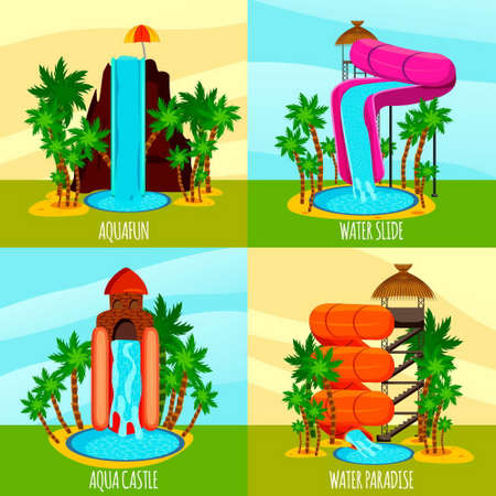 Aqua park flat design concept with theme water slides pools and palm trees isolated vector illustrationのイラスト素材
