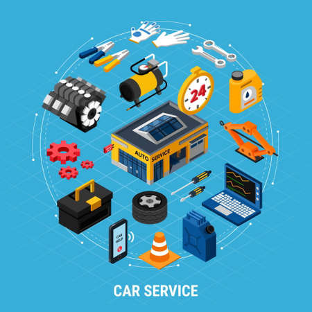 Car service isometric concept with professional help symbols vector illustrationのイラスト素材