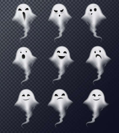 Ghost image of vapor steam smoke realistic spooky emotions icons collection against dark transparent background vector illustrationのイラスト素材