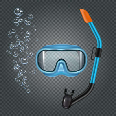 Snorkeling set with diving mash and breathing tube on dark transparent background with bubbles realistic vector illustrationのイラスト素材