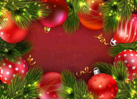 Christmas composition with empty space for text and new year decorations with fir needle and confetti vector illustrationのイラスト素材