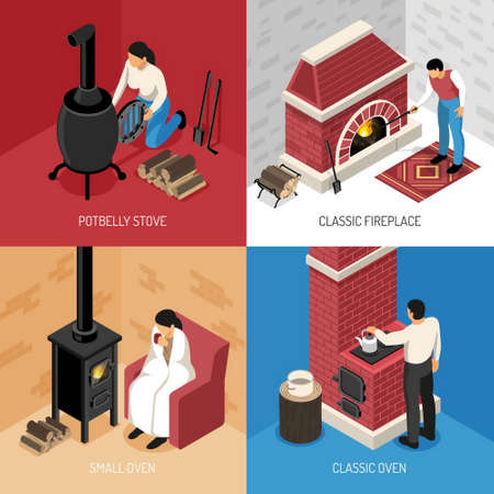 Classic fire place potbelly stove and various ovens isometric concept isolated on colorfulのイラスト素材