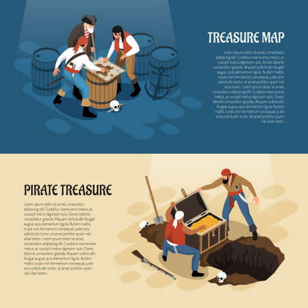 Pirates near treasure map and chest with gold isometric banners isolated on blue beigeのイラスト素材