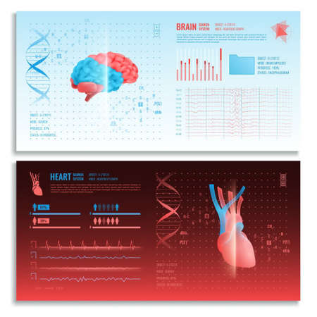 Medical interface horizontal banners with heart and brain realistic images search system and hud elements vector illustrationのイラスト素材