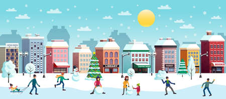 Winter holidays city snowy landscape flat horizontal banner with christmas tree snowman snowballs fight buildings vector illustrationのイラスト素材